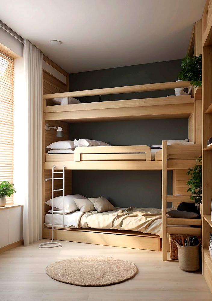 Imagen de un dormitorio con una estructura de madera con trilitera, decoración minimalista y luz natural.