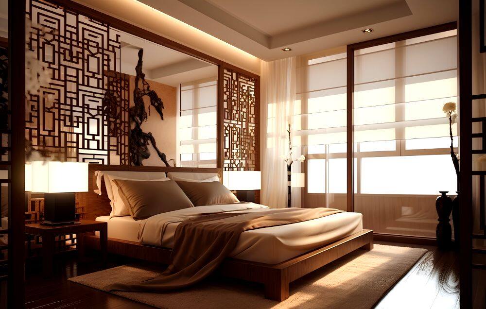 La imagen muestra una habitación con decoración y cama de estilo oriental, con detalles de madera en color maple y paredes de color beige.