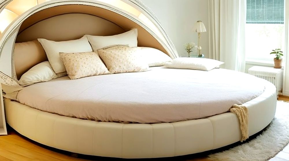 Un dormitorio en el que destaca su cama de forma circular, la cuál es bastante amplia y esta tapizada en piel color crema.
