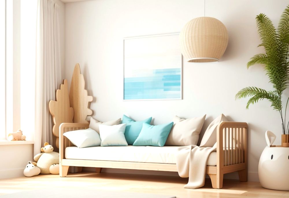 Una habitación de diseño infantil con una sofa cama de estilo costero fabricado de madera natural, además de una planta decorativa y algunos muñecos tejidos.