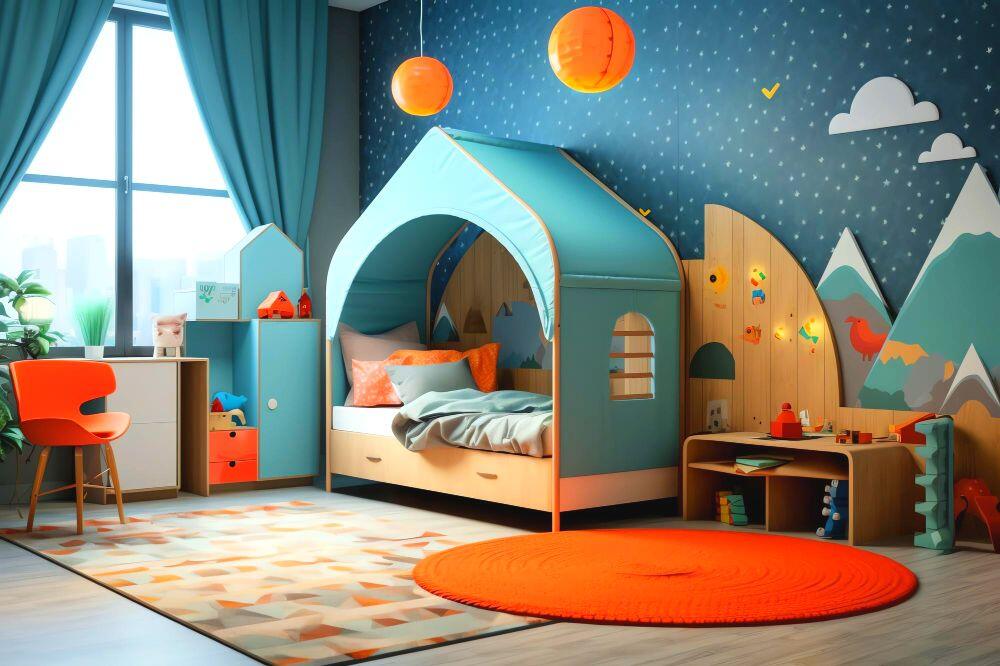una habitación para niño con un diseño de cielo estrellado con montañas