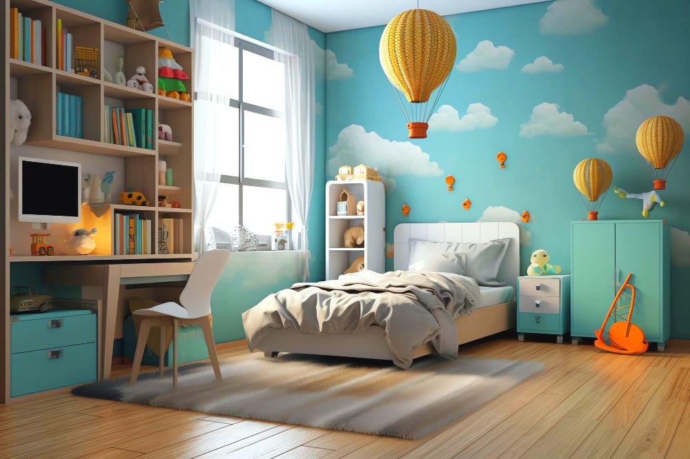 un bonito diseño de habitación infantil con temática de globos aerostáticos