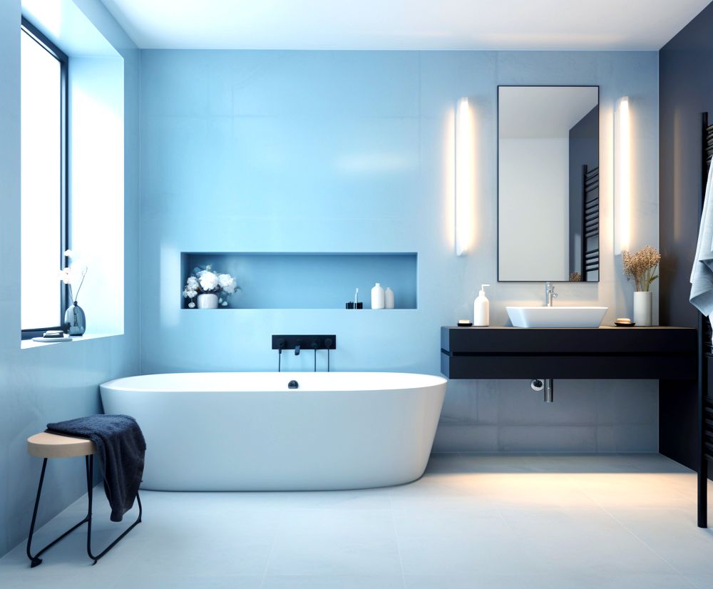 Una foto de un baño con tina clásica blanca y un gabinete de lavabo flotante, en el que se hace una combinación de tonos azules y blancos para un ambiente más relajante y sereno.