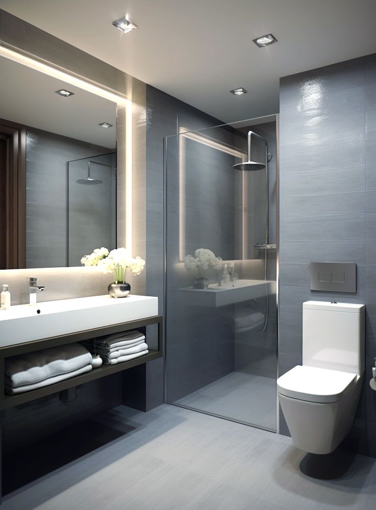 En este baño destacan el moderno gabinete de lavabo flotante y su gran espejo, el cual cuenta con un marco con iluminación, que además se refleja en el cancel de cristal lo que da una sensación de más amplitud.