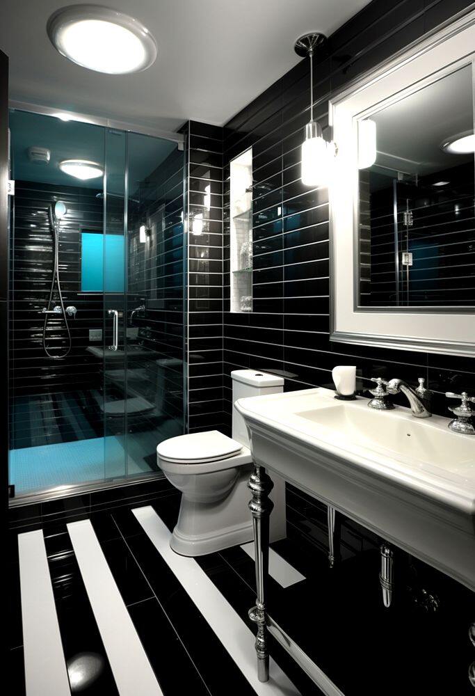 La fotografía muestra un baño con una combinación de blanco y negro que, junto a muebles de diseño clásico, proporciona un ambiente elegante y refinado. Además cuenta con un buen numero de lamparas y luces que iluminan todo el cuarto.
