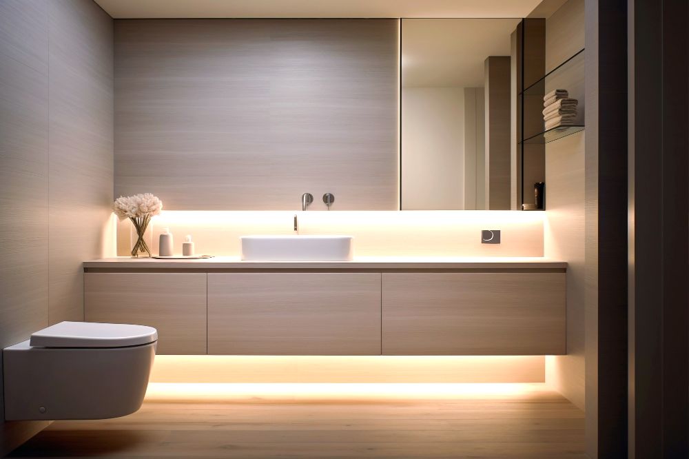 Un baño con un diseño muy moderno, en el que la totalidad de sus muebles son de diseño suspendido, destacando los gabinetes para baño los cuales además cuentan con iluminación incorporada.