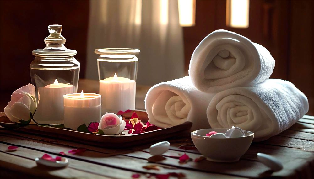 Un conjunto de toallas y velas acompañadas de algunos pétalos de rosas, artículos comúnmente aromáticos para un ambiente relajante.