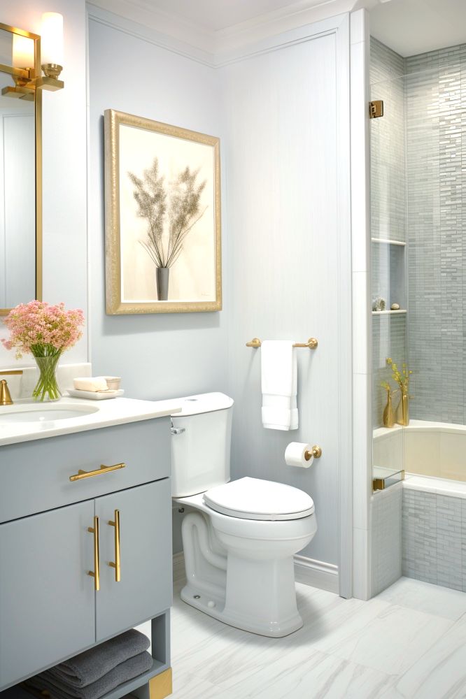 Un baño con una estética bastante clásica, el cuál cuenta con paredes y muebles en color gris perla con detalles en dorado. Además el baño es decorado por algunas flores y cuadros decorativos, dandole un toque de elegancia a su diseño.