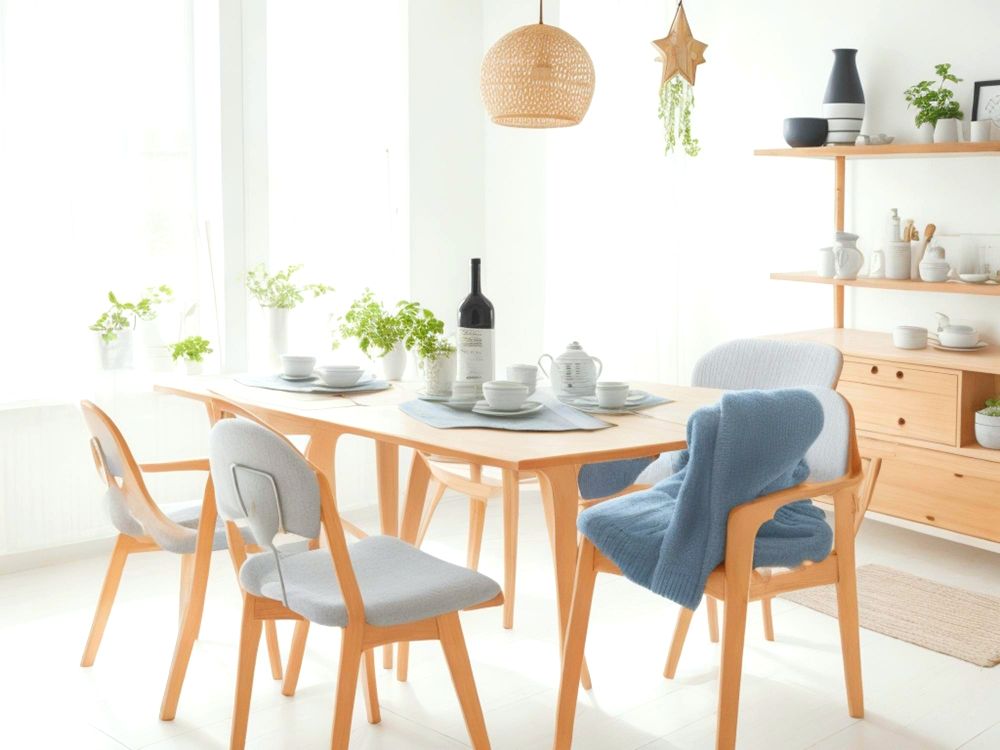 En la imagen podemos ver un comedor de 6 sillas fabricado en su totalidad de madera en su tono natural. El mueble tiene un diseño minimalista, por lo que no es ostentoso pero si bastante funcional y poco estorboso.