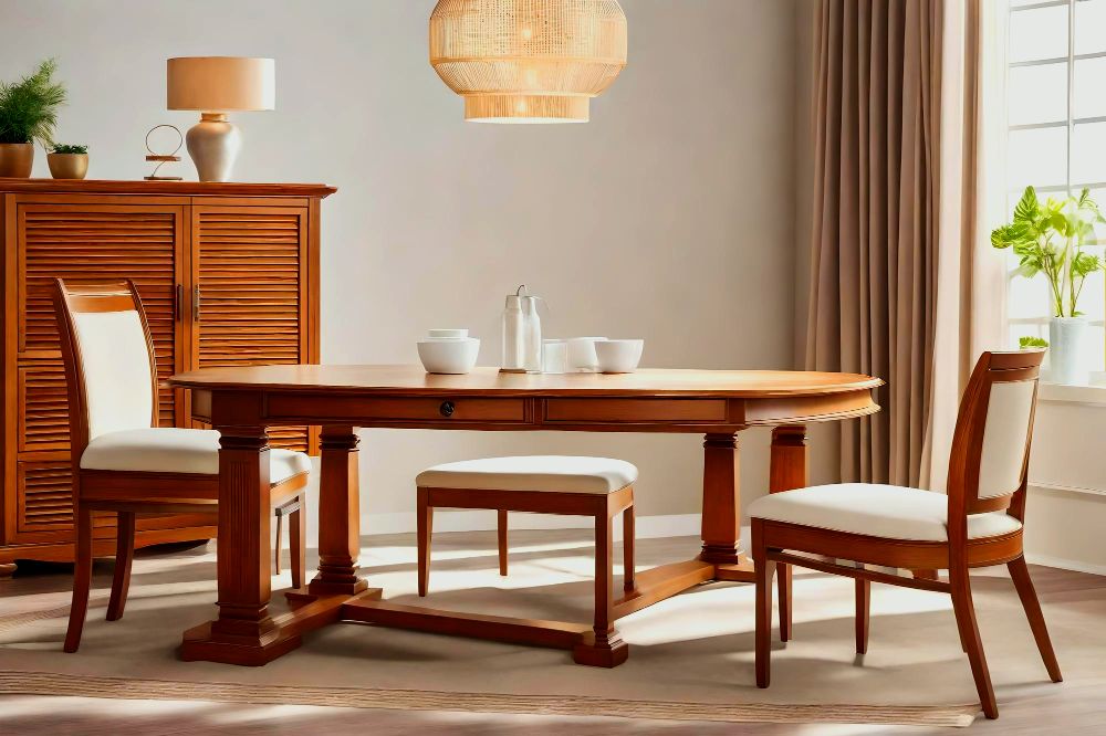 Una foto de una estancia con una decoración minimalista, en el que resalta un comedor de estilo clásico con mesa redonda, 2 elegantes sillas y 1 banco, todos fabricados de madera de color maple.