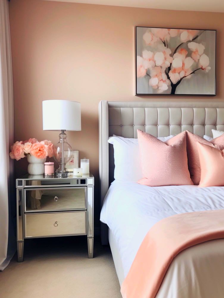 Recámara con decoración femenina en la que se hace uso de muebles de diseño glamuroso decorados con accesorios de tonos rosados.