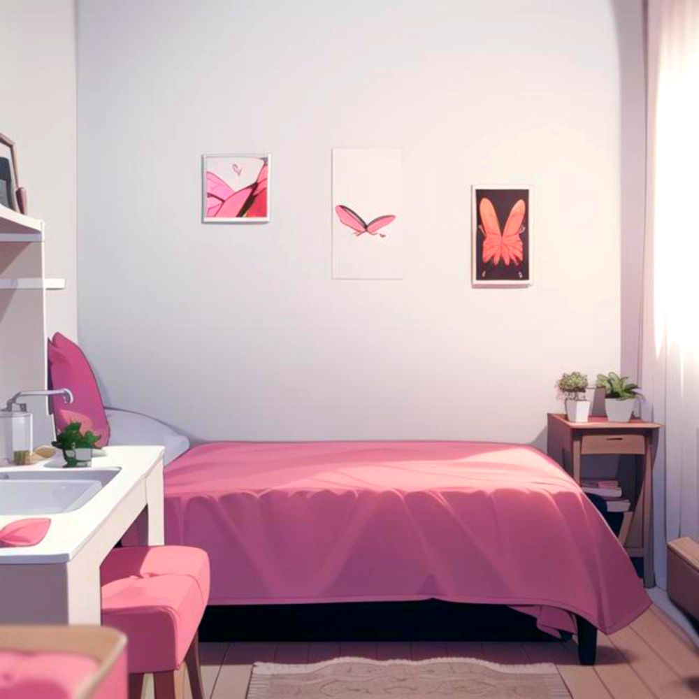 Se nos enseña un diseño de recamara femenino en la que paredes y muebles son de color blanco decorados con accesorios de color rosa.