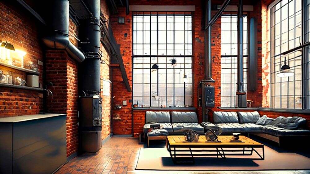 La imagen enseña una sala de estilo industrial que, al estar instalada en una construcción industrial, cuenta con la tubería distintiva del diseño industrial.