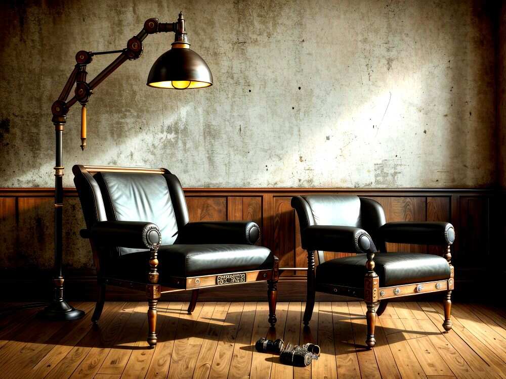 Una imagen que presenta un par de sillas de diseño vintage fabricadas con madera y tapizadas en cuero negro.