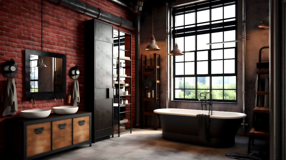 Imagen de un baño instalado ingeniosamente en un espacio de una instalación industrial, contando con una clásica tina y lavamanos doble, así como un gran gabinete.