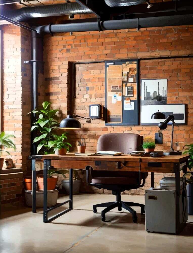 Una oficina instalada en un espacio visiblemente industrial en el que resaltan las paredes de ladrillo con tuberías expuestas. La oficina cuenta con un escritorio vintage acompañado de plantas decorativas.