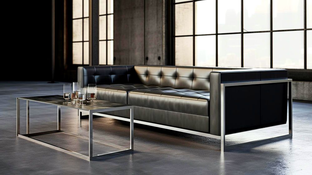 Moderno sofá de cuero negro con acabado capitoneado y base metálica, acompañado de una mesa de centro minimalista igualmente fabricada de metal.