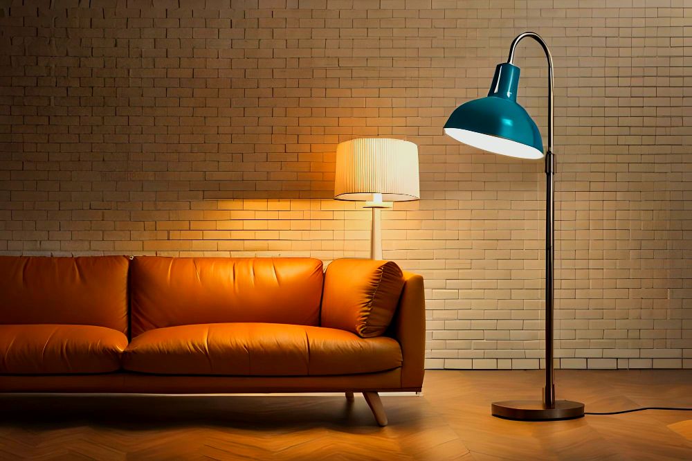 En esta imagen podemos ver un sofá acompañado de una lampara de media luna de diseño minimalista, la cuál brinda una tenue iluminación a la habitación