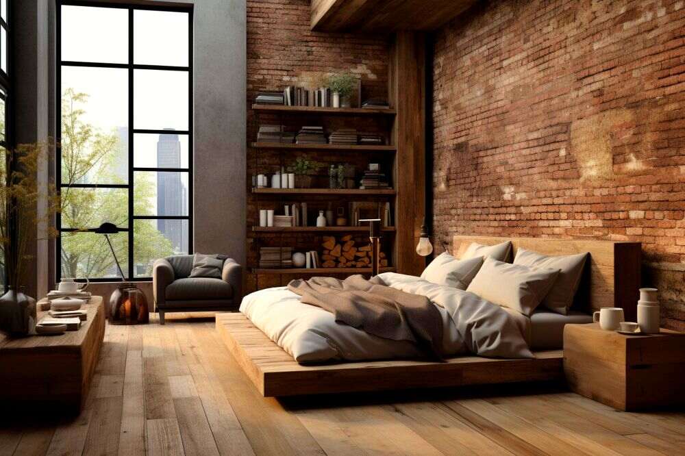 Foto de una habitación de diseño rústico, donde todos los muebles son de madera conservando su tono natural, complementados a su vez por las paredes de ladrillos del lugar.