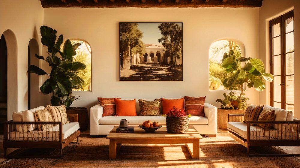 La imagen nos muestra una estancia de diseño rústico, en la que destacan sus muebles de madera de tonos naturales, acompañados de plantas y un bonito cuadro decorativo.