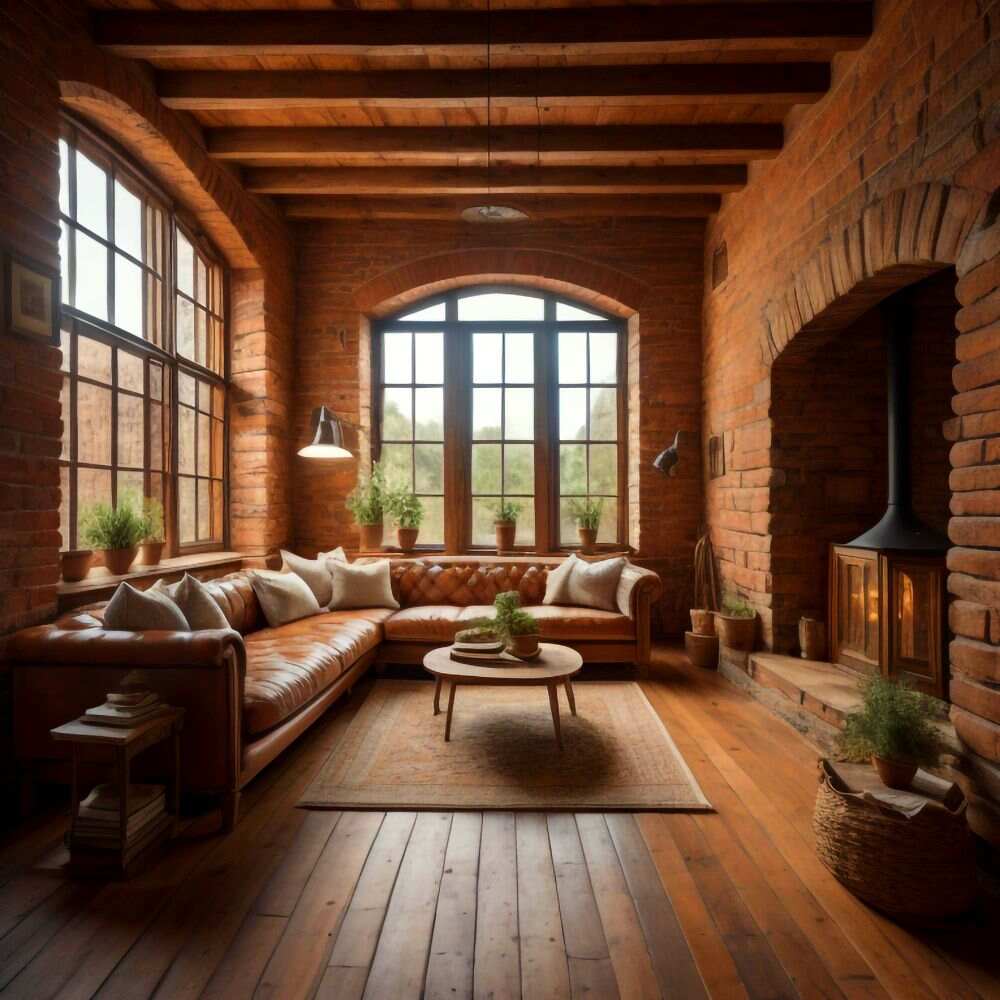 Vemos una estancia con paredes y chimenea construidas de ladrillo, complementada con una sala esquinera de color maple y una pequeña mesa de centro de madera.
