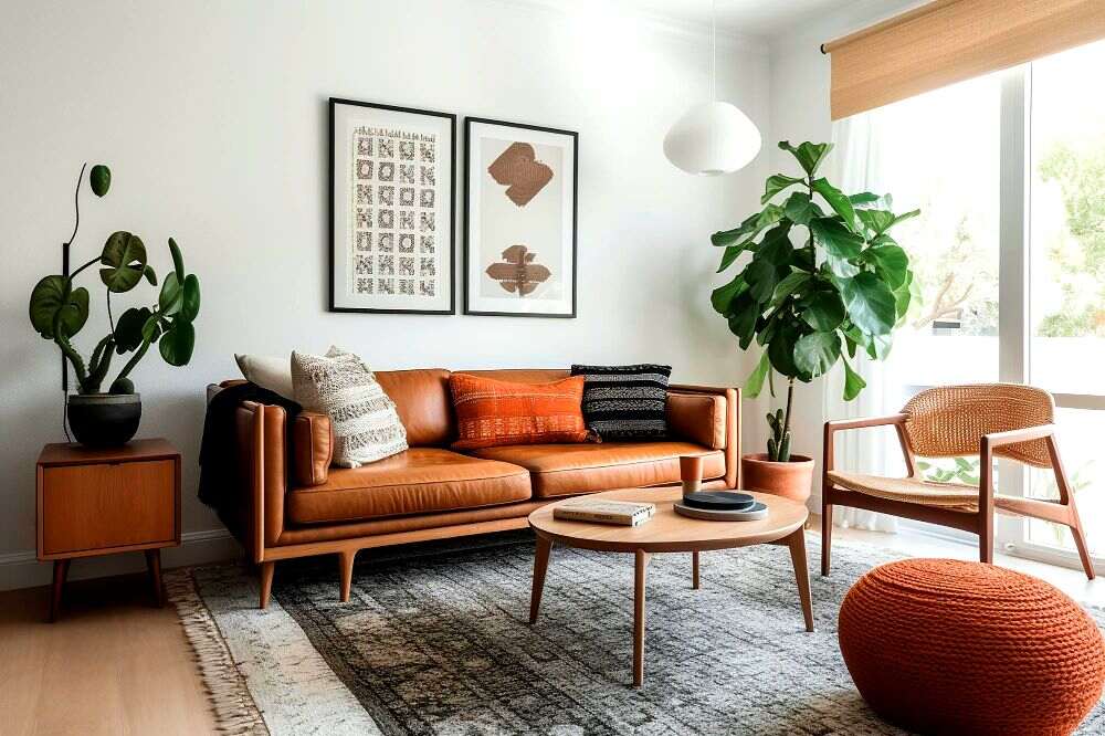 La imagen nos muestra una sala completa de estilo nórdico, en la que predomina el uso de muebles y accesorios sencillos fabricados con madera natural, además de algunas plantas y accesorios de tela.