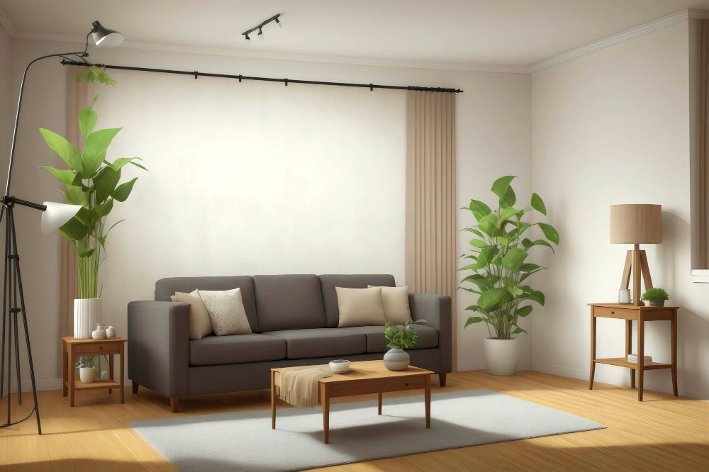 Una estancia en la que destaca un sofá de diseño moderno, acompañado de distintos muebles minimalistas fabricados de madera y también de algunas plantas decorativas.