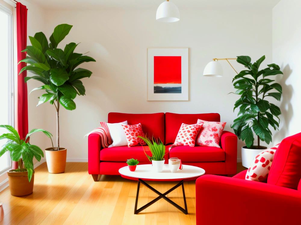 La foto muestra una sala moderna de tapiz rojo acompañada de un gran numero de plantas decorativas.
