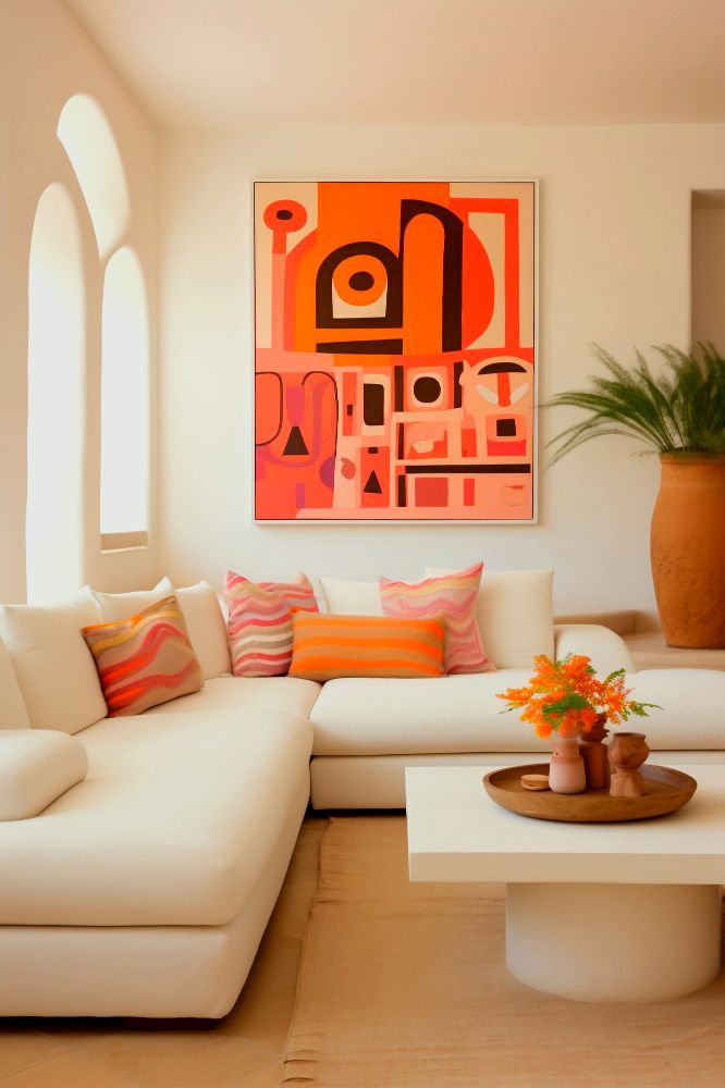 Una estancia con una sala en escuadra y mesa de centro minimalista, ambos de color hueso en combinación con la estancia y decorados con accesorios de tonos naranjas.