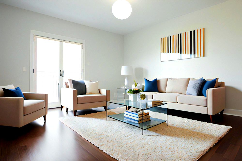 Una estancia muy moderna con una sala color beige decorada por algunos cojines de tonos azulados, además podemos ver una moderna mesa de centro de cristal.