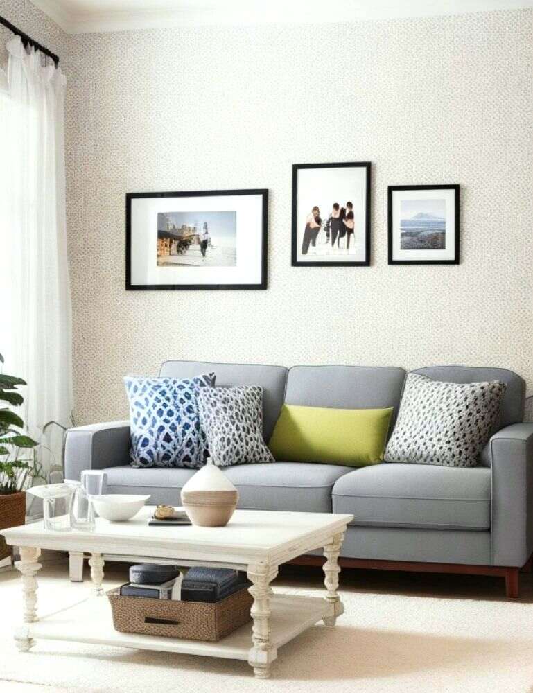 Estancia minimalista con un sofá moderno y una mesa de centro clásica; la pared se encuentra decorada por varios cuadros añadiendo sofisticación al espacio.