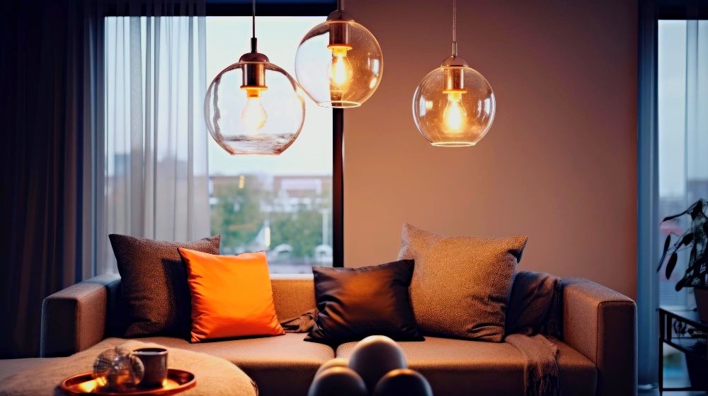 La foto presenta una estancia con luces de burbuja flotantes instaladas, las cuales brindan luz cálida sirviendo como un elegante complemento para la sala.
