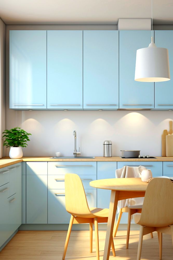 La imagen nos muestra una cocina en escuadra de color azul claro, acompañada de un pequeño comedor de madera con mesa circular.