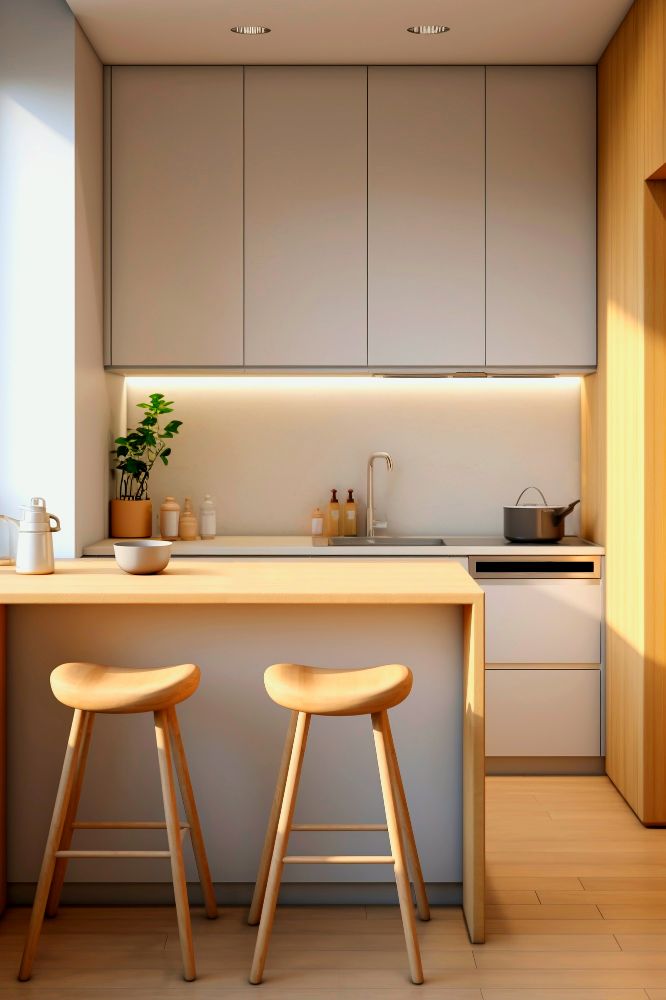 Ingeniosa cocina minimalista diseñada para un espacio pequeño acompañada de una bonita barra con un par de bancos.