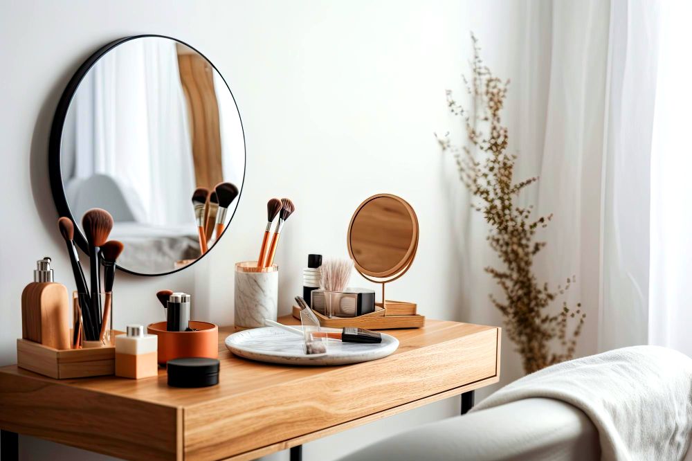 La imagen muestra un tocador minimalista el cuál es complementado con un espejo circular instalado en la pared.