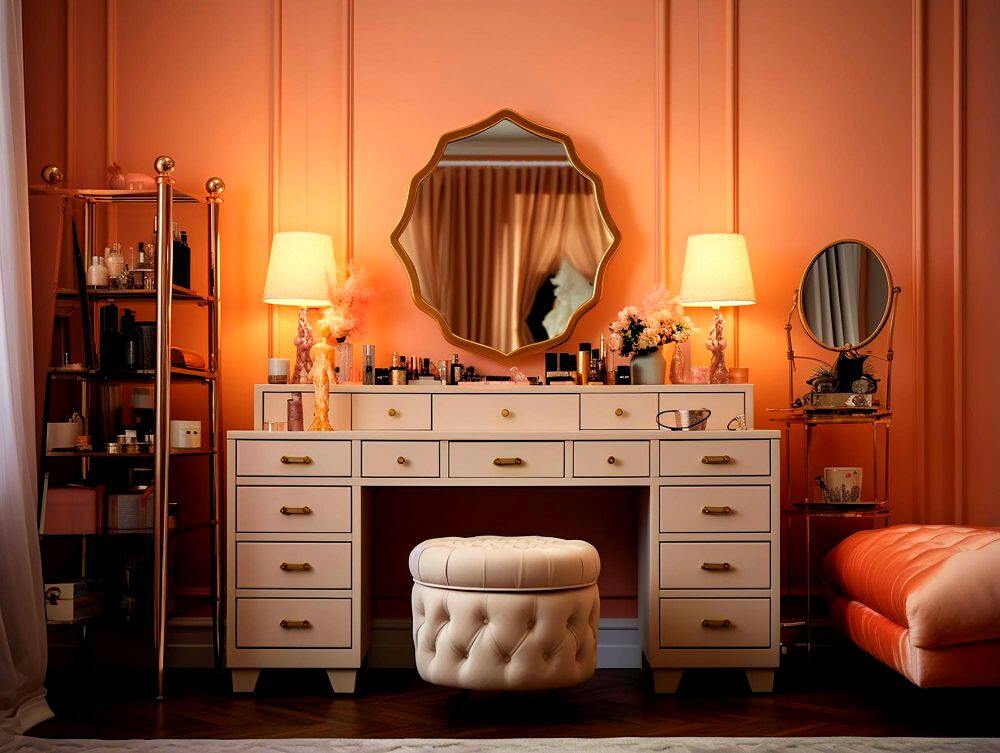 Foto de un tocador de estilo contemporáneo el cual combina un estilo moderno con elementos más clásicos tales como son el espejo y el banco que incluye..