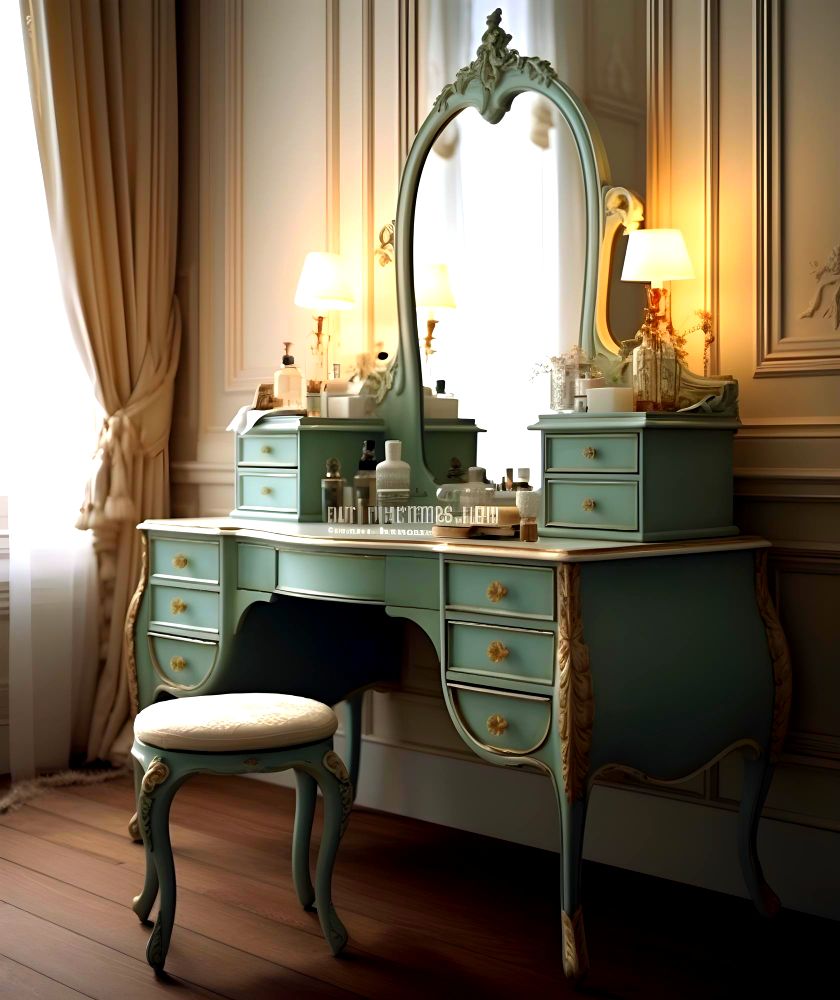 Un tocador de diseño clásico en color menta, el cuál cuenta con múltiples cajones, espejo y un banco