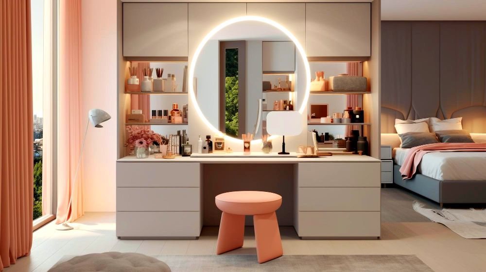 La imagen presenta un tocador muy moderno en el que resalta su espejo circular con marco iluminado, además de una gran cantidad de compartimentos y estantes en su diseño.