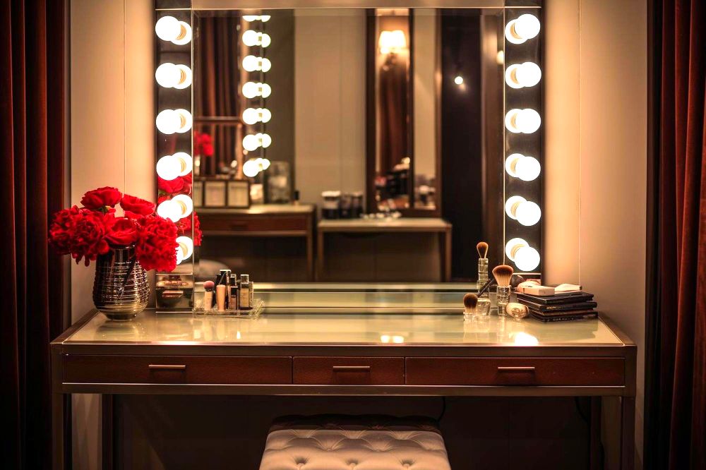 Un elegante tocador tipo vanity, por lo que cuenta con un espejo con focos integrados; el tocador esta adorado por algunas rosas rojas en un jarrón plateado.