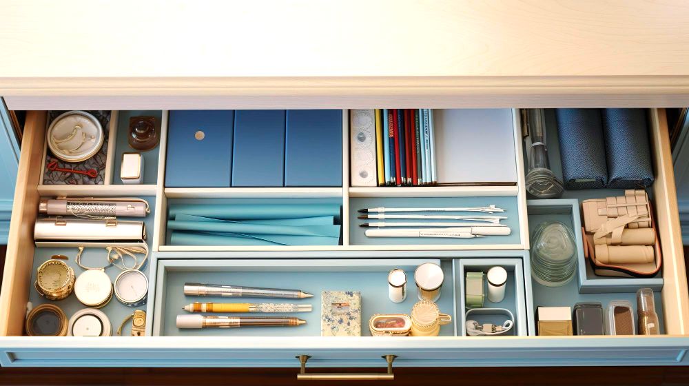 La foto muestra un cajón con varios separadores instalados, los cuales facilitan la organización en el compartimento.