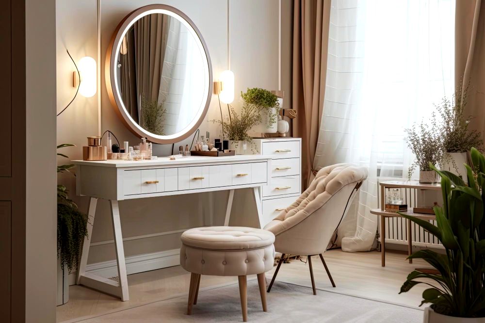Tocador minimalista blanco con detalles en dorado, acompañado con un espejo circular y una cajonera, además de una silla y taburete de diseño capitoneado.