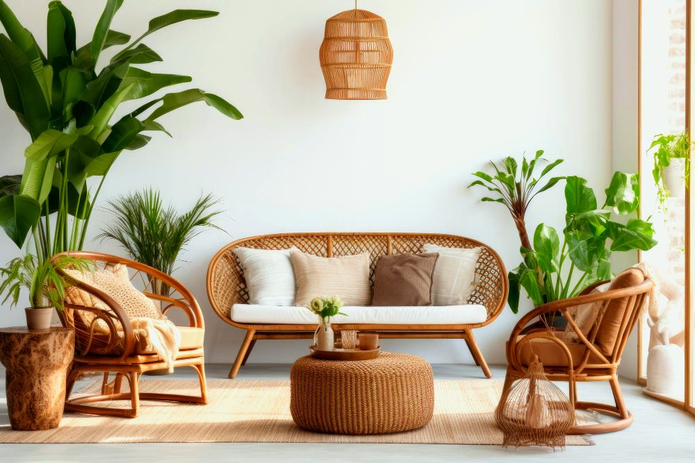 una estancia con sillas y sofá fabricados con bambú