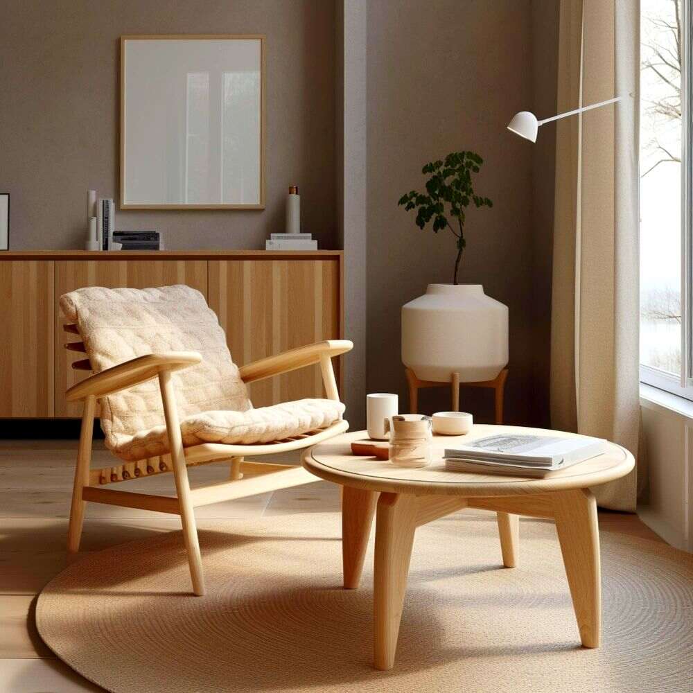 Una estancia de diseño escandinavo, con muebles de diseño simple y fabricados completamente de madera