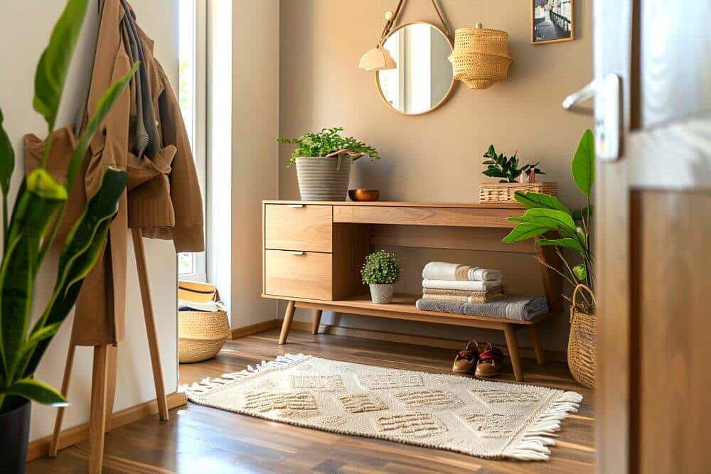Recibidor minimalista con mueble de madera para guardar toallas y otros accesorios; decorado por una amplia variedad de plantas decorativas.