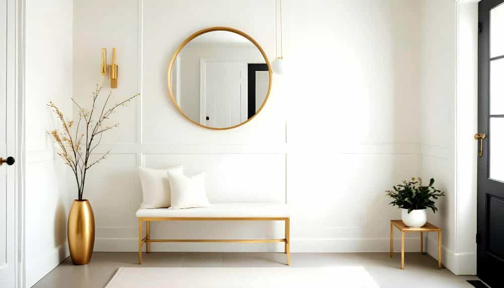 Foto de un recibidor blanco con banca minimalista de madera natural y un jarrón dorado con una planta decorativa, además de un espejo redondo con marco dorado.