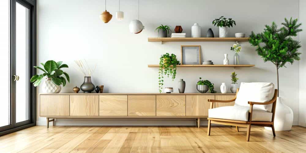 Fotografía de un gran recibidor minimalista, en el que resalta un amplio mueble de madera natural con múltiples compartimentos al igual que sus repisas de pared, todo decorado con una gran colección de plantas y jarrones.