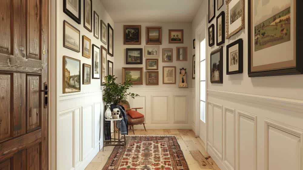 Foto de un amplio recibidor clásico decorado por una gran colección de cuadros de diferentes tamaños y una bonita alfombra con mosaico.