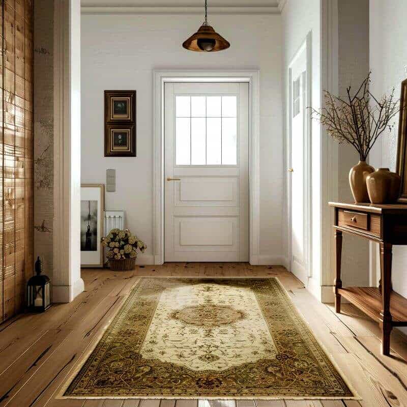 Recibidor clásico con alfombra elegante, iluminación cálida y decoraciones vintage.