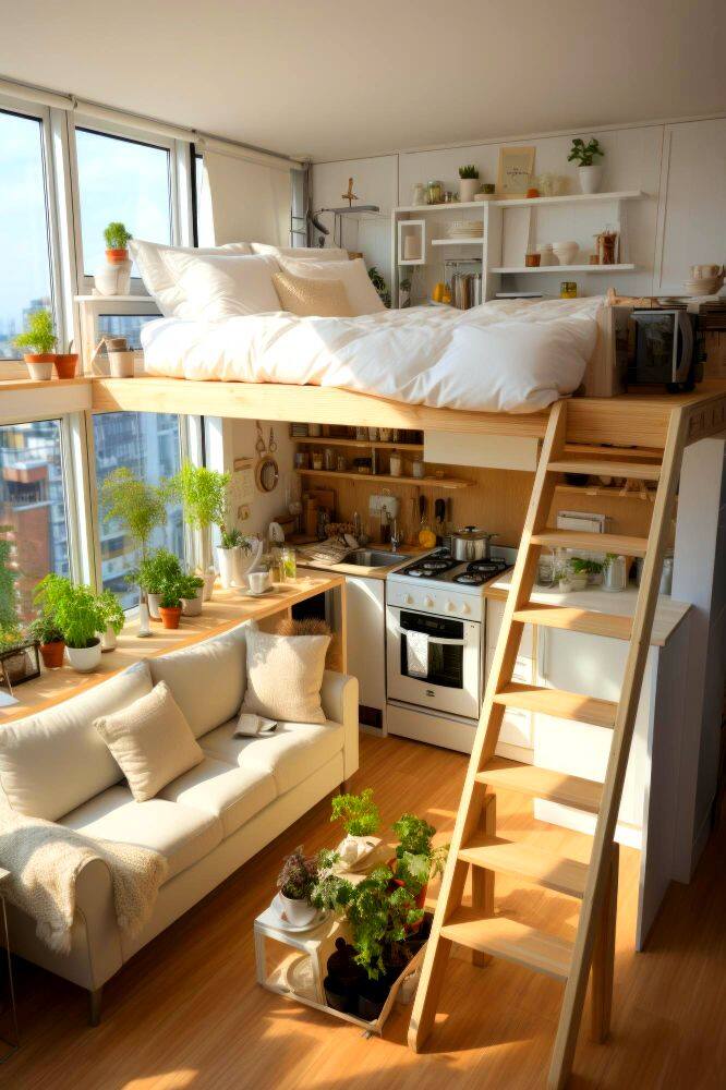 Un apartamento con una distribución bastante moderna en la cual puede verse sala, cocina y recamara en una sola estructura, aprovechando al máximo el espacio disponible