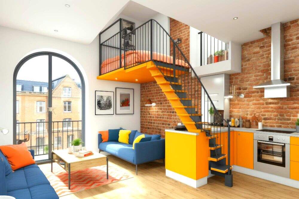 Se nos muestra un pequeño apartamento en el que resalta una estructura con escalera instalada en la pared la cuál sostiene la recámara dejando suficiente espacio libre para una sala y cocina.